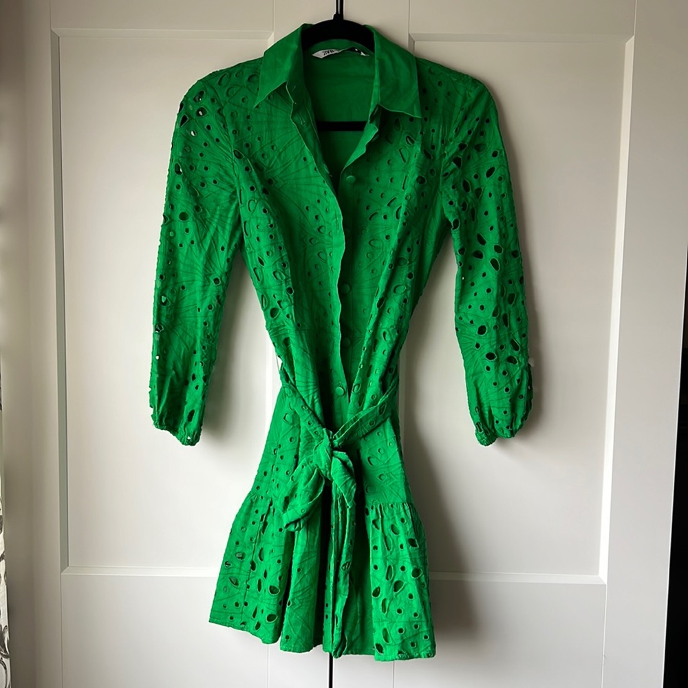 Zara Openwork Embroided Dress Green Mini XS